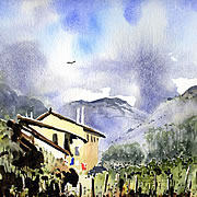 A watercolour of the watermill and Posara in Tuscany, Italy