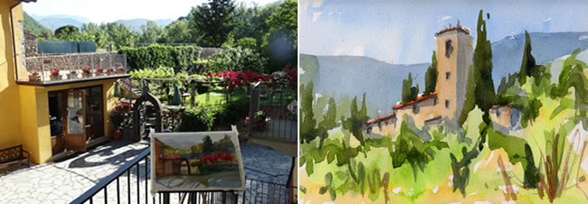 Left - Sandra painting at the watermill - Right Painting by Mike Willdridge