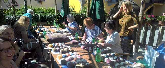 Marie Wallins knitting group at the watermill in Tuscany