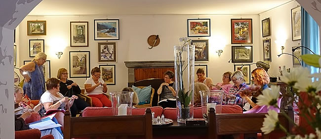 Sarah's knitting group at the watermill in Tuscany