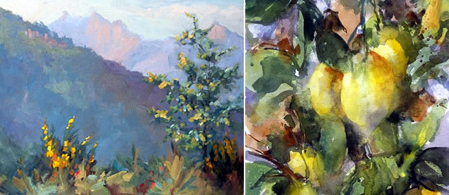 Paintings by Vicki Norman and Sarah Yeoman tutors at the watermill in Tuscany 