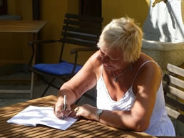 Writing in the watermill in Italy's garden