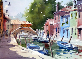 Painting tutor Grahame Booth at the watermill in Italy