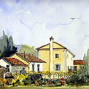 A painting of the watermill at Posara, Italy