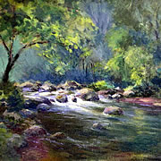 A painting of the Poasra river flowing past the mill in Italy