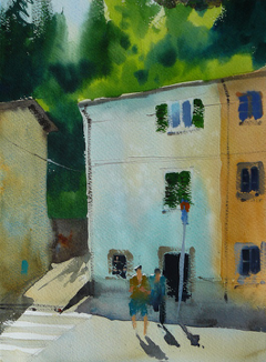 Painting by Paul Talbot Greaves at the watermill in Tuscany