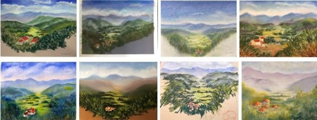 Paintings by participants at a watermill online session