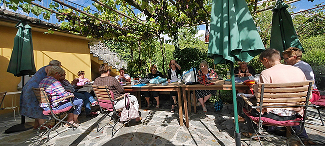 Knitting group at the Watermill in Tuscany, Italy