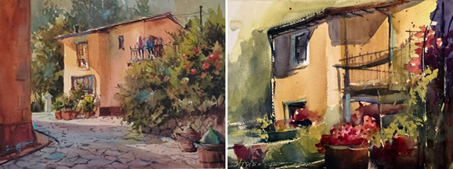 Paintings of the Watermill in Tuscany's courtyard