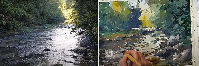 Watermill's river, photo and painting