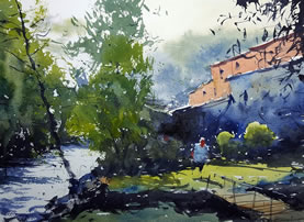 Painting by Tim Wilmot - The watermill riverside