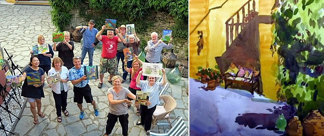 Maggie's painting group at the watermill in Italy and a painting by Maggie Renner Hellman