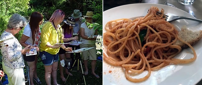 Sandra's group painting at the watermill in Italy and a plate of spaghetti
