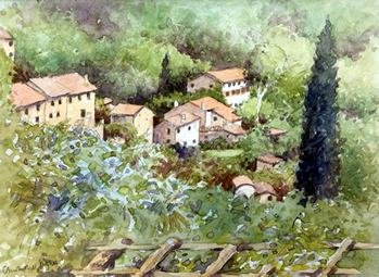 Painting by Chris Hughes a tutor at the watermill in Italy