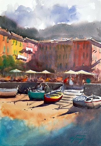Painting tutor Keiko Tanabe at the watermill in Italy