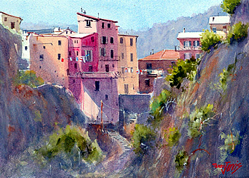 Painting tutor Terry Jarvis at the watermill in Italy