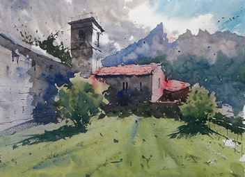 Painting tutor Tim Wilmot at the watermill in Italy
