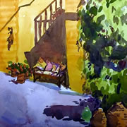 A painting of the watermill at Posara's courtyard, Italy