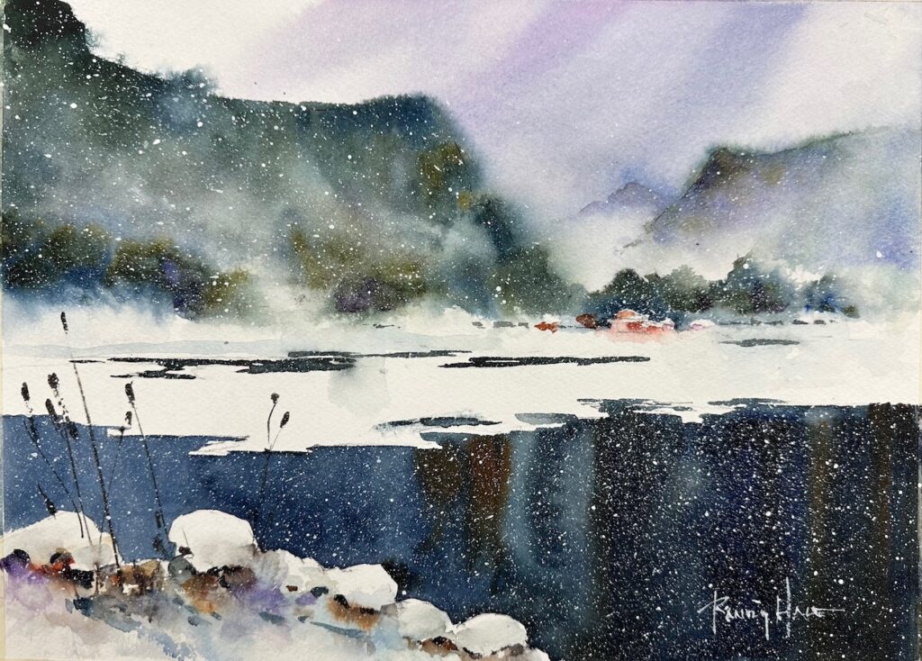 A Wintry snow scene inspired by the Rocky Mountains - a watercolour by Randy Hale